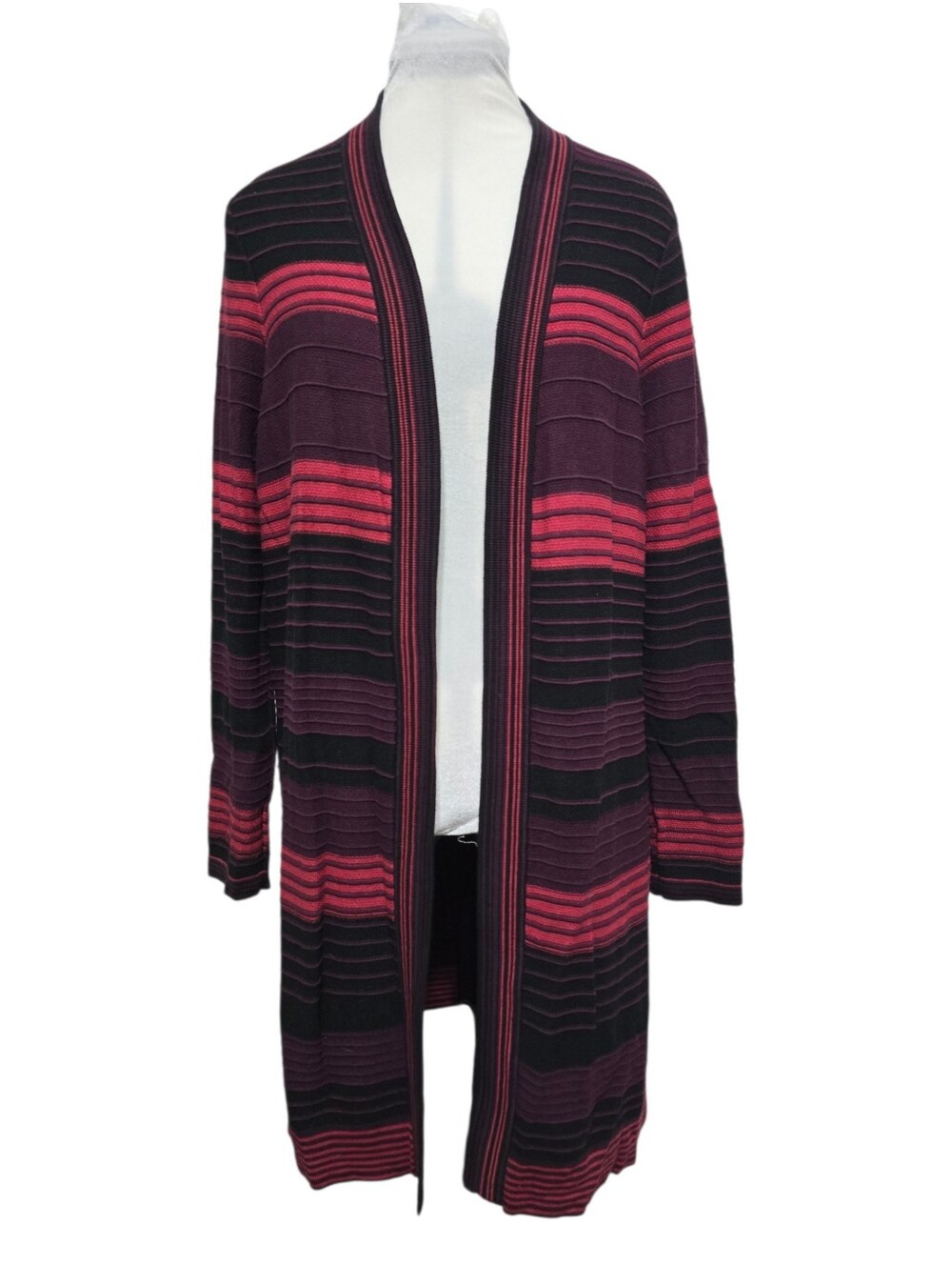 Chicos Open Front Striped Duster Cardigan Sweater L Burgundy Black Whimsigoth
